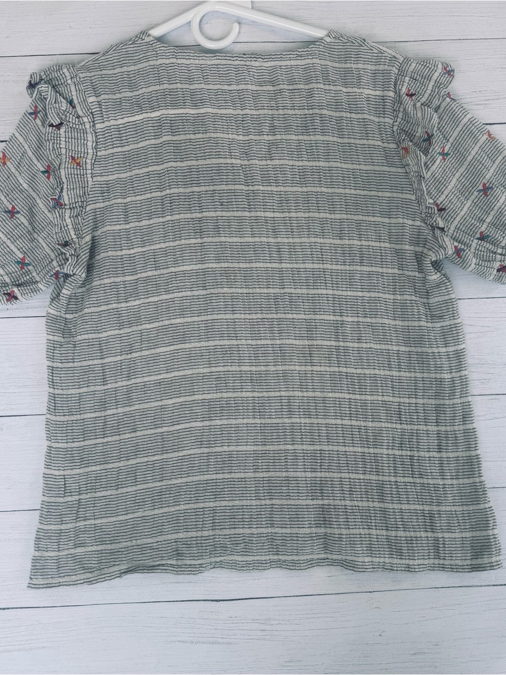 THML Size Small to Med Linen Blend Striped Embroidered Ruffle Sleeve Top Boho - Picture 8 of 11